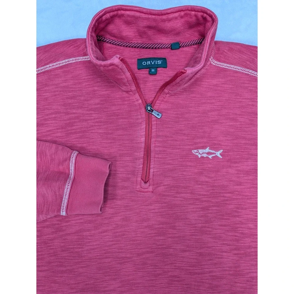 ORVIS Trout Bum Mens Quarter Zip Pullover Sweater M Embroidered Cotton Blend Red